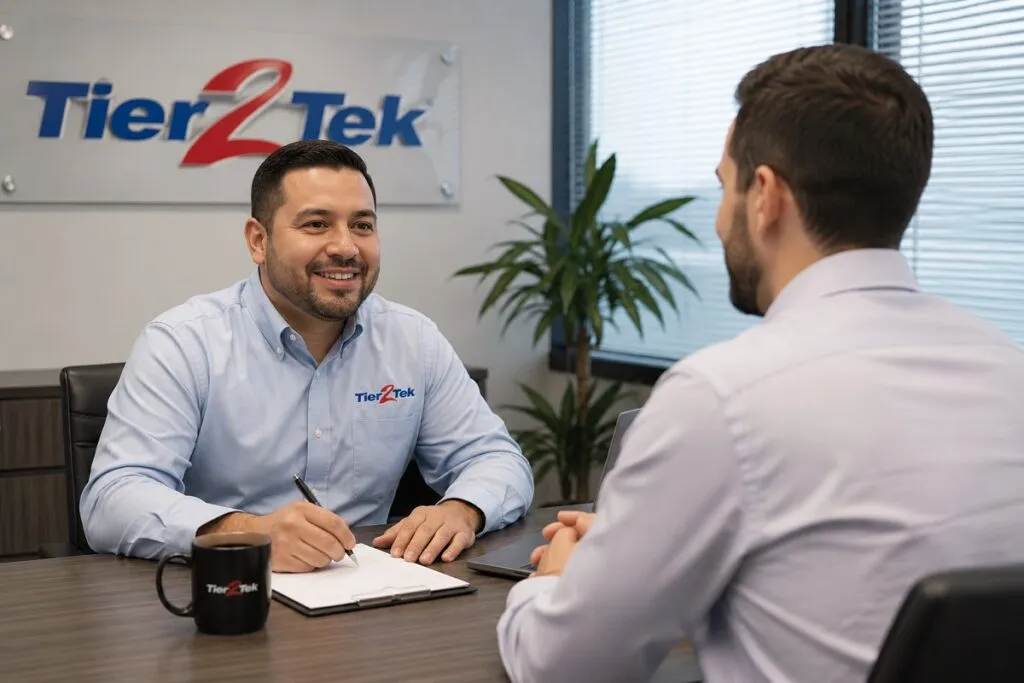 Tier2Tek recruiter interviewing an IT support specialist and evaluating technical skills, troubleshooting experience, and customer service qualifications.