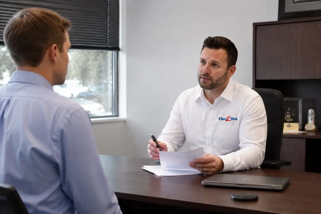 Tier2Tek recruiter evaluating an AutoCAD candidate during a technical staffing interview.