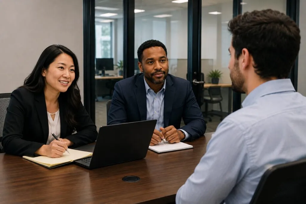 CAD engineering candidate interviewing with professional recruiters in a modern corporate office