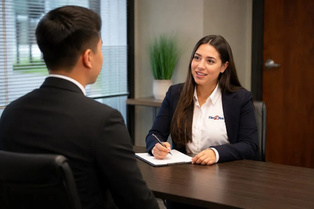 Tier2Tek Staffing recruiter interviewing a job candidate in a professional corporate office setting