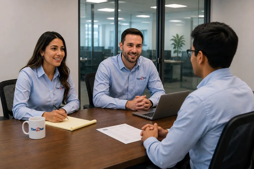 Tier2Tek recruiters evaluating an entry-level IT support candidate during a technical interview