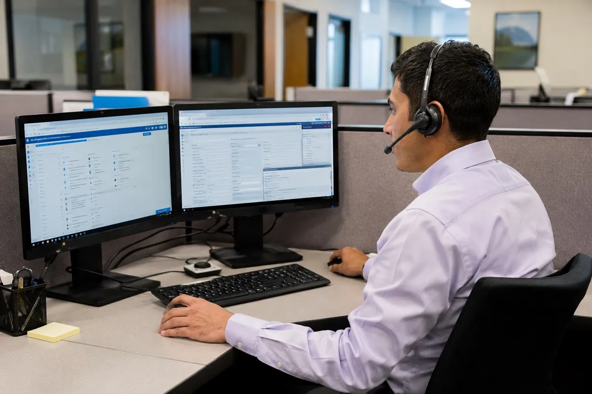 IT help desk specialist providing technical support using dual monitors and a headset while managing customer service requests.