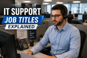 IT support job titles explained with IT professional working in a corporate office cubicle environment