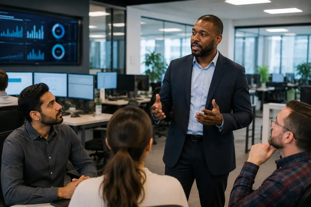 IT support manager leading a corporate technology team meeting in a professional office