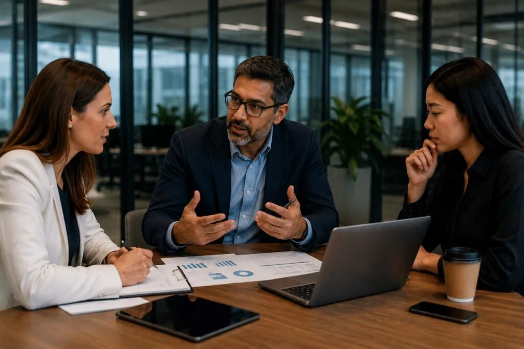 IT manager discussing hiring risks in IT support recruitment with HR professionals