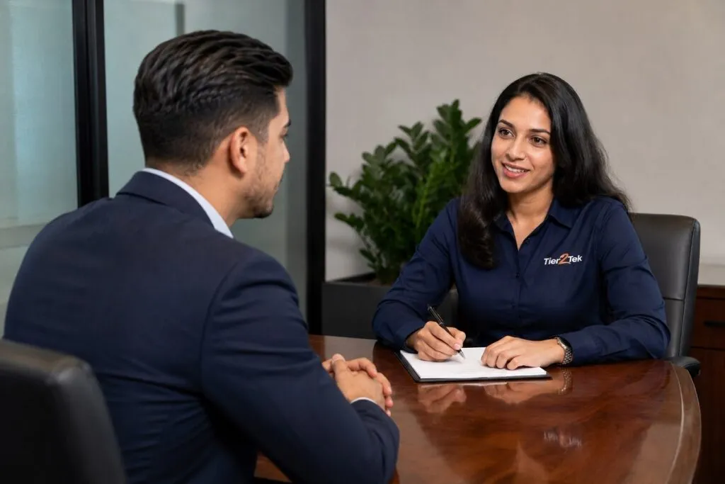 Tier2Tek recruiter interviewing a qualified job candidate in a professional corporate office setting.