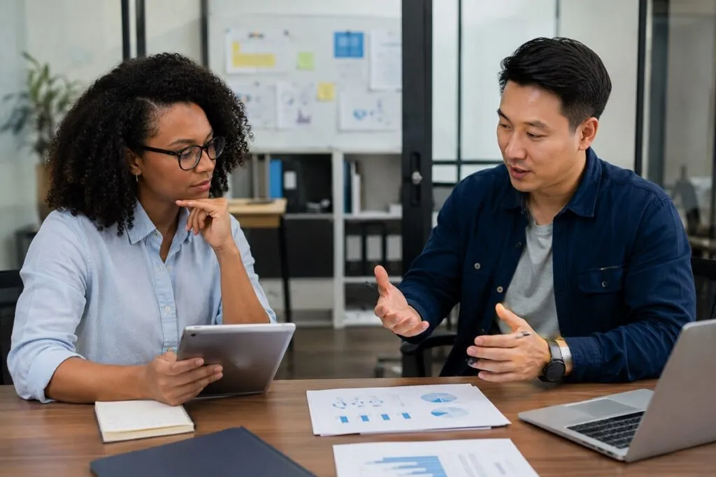 HR manager and IT leader reviewing hiring data and IT support recruitment strategies