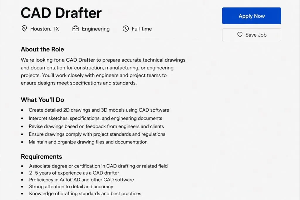 CAD Drafter job posting with clear layout and easy to read application details