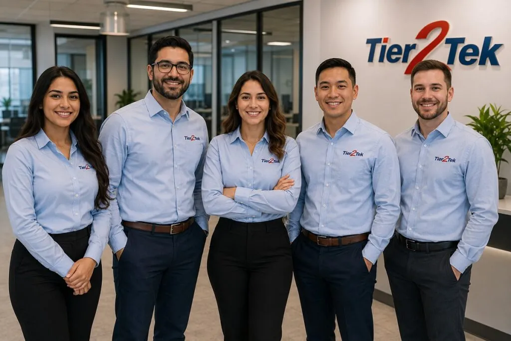 Tier2Tek Staffing recruitment team in branded business casual attire at a corporate office