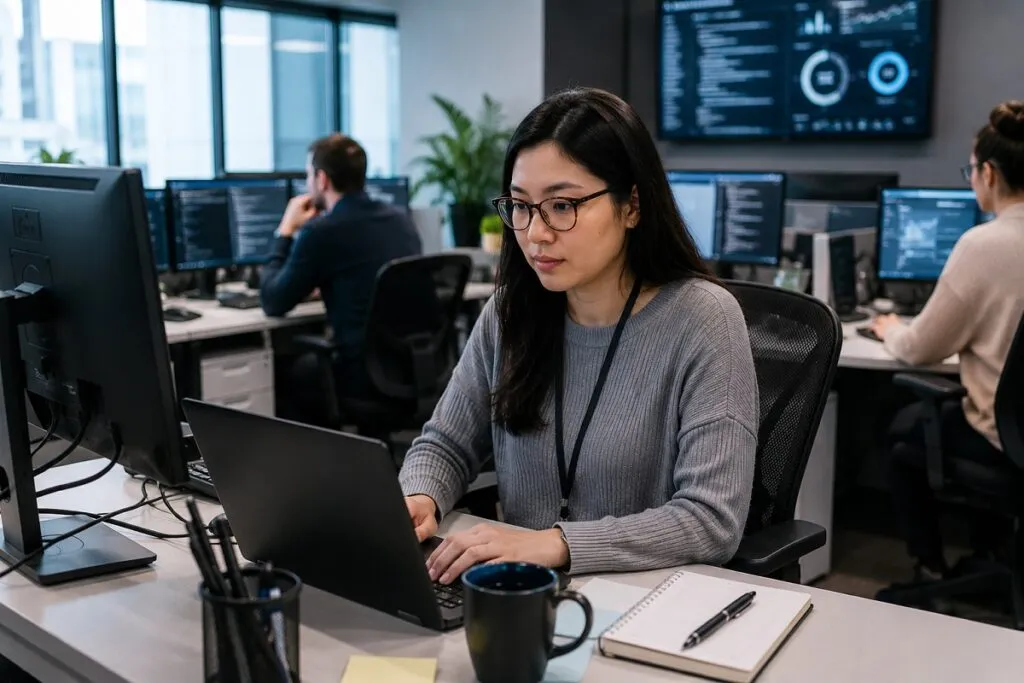 Mid level IT support professional working in a corporate technology office environment