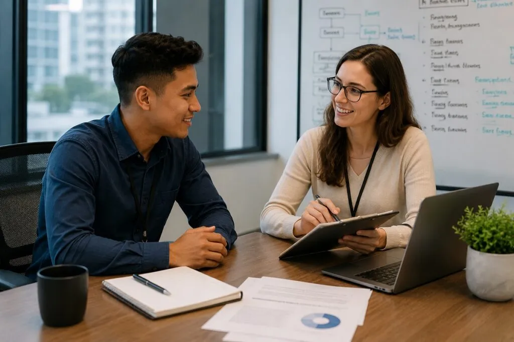 IT support candidate onboarding session with hiring manager during risk management process.