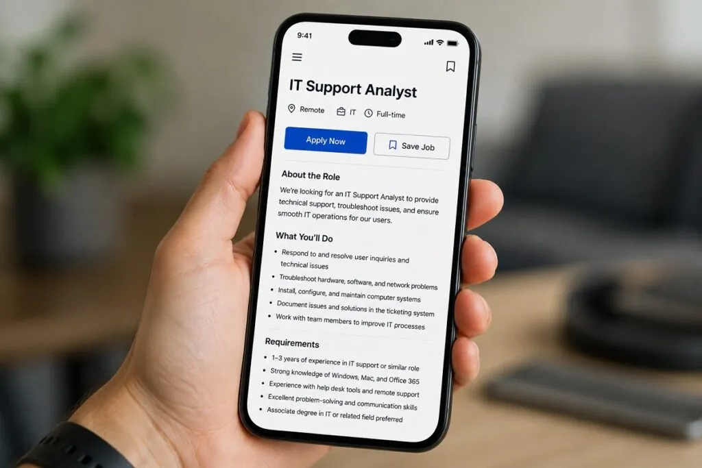 Mobile job application screen for IT Support Analyst role with easy to read layout