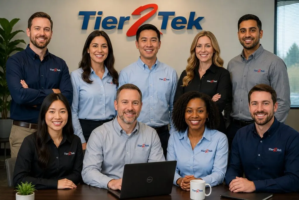 Tier2Tek staffing and recruiting team members posing together in branded business casual attire