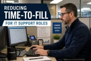 IT manager reviewing IT support candidate hiring data for faster recruitment