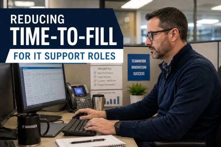 IT manager reviewing IT support candidate hiring data for faster recruitment