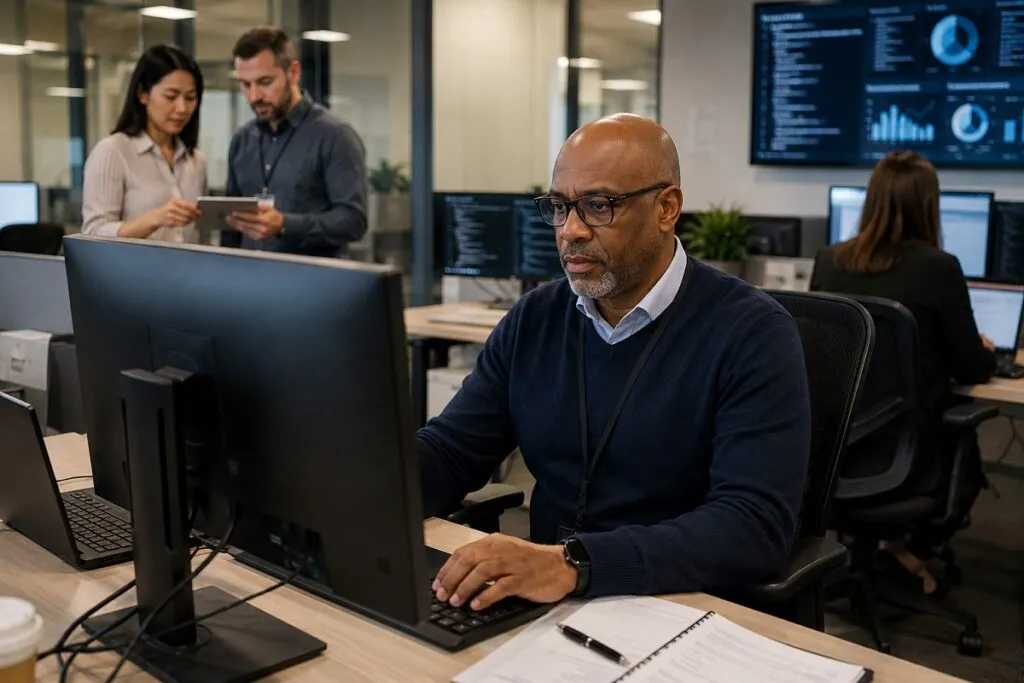 Senior IT support specialist working in a professional corporate technology office