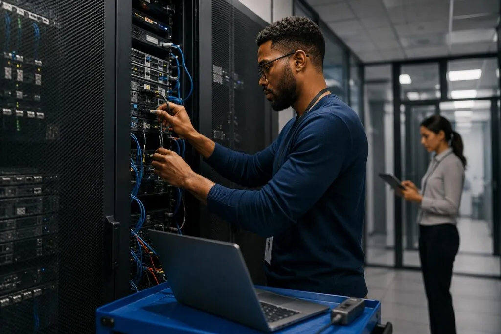 Specialized IT support engineer managing enterprise servers in a corporate data center