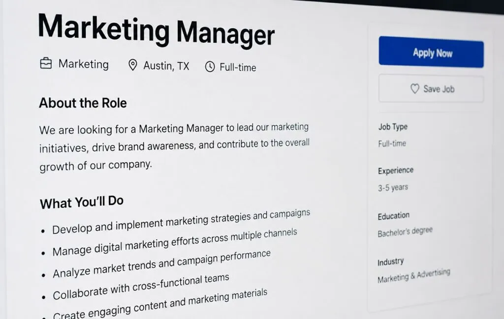 Job posting introduction section with marketing manager role and application details