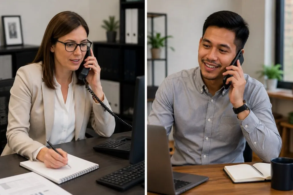 HR manager and IT support candidate discussing a job opportunity over the phone