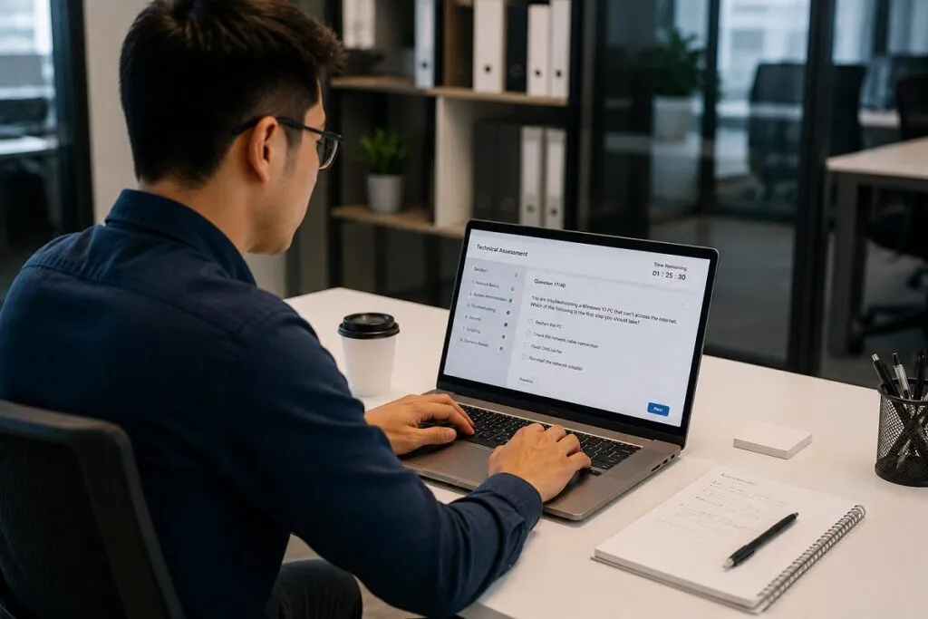 IT support candidate completing technical assessment during IT hiring evaluation.
