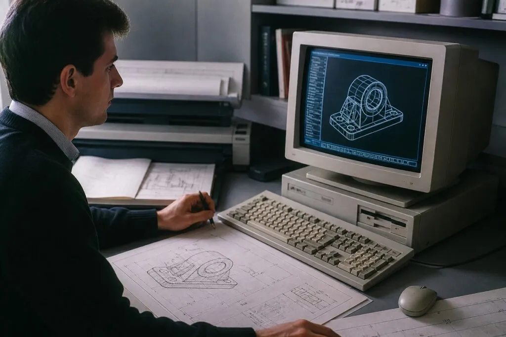 Early computer aided design workstation with engineer using CAD on vintage computer
