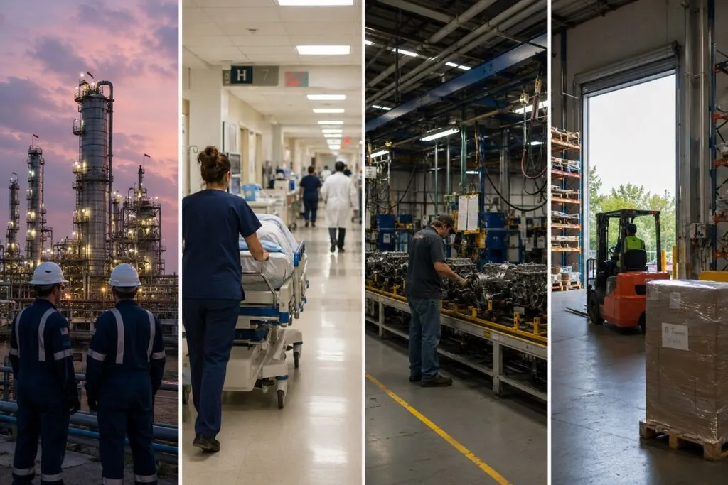 Energy, healthcare, manufacturing, and logistics professionals using technology and equipment to support critical business operations across Houston industries.