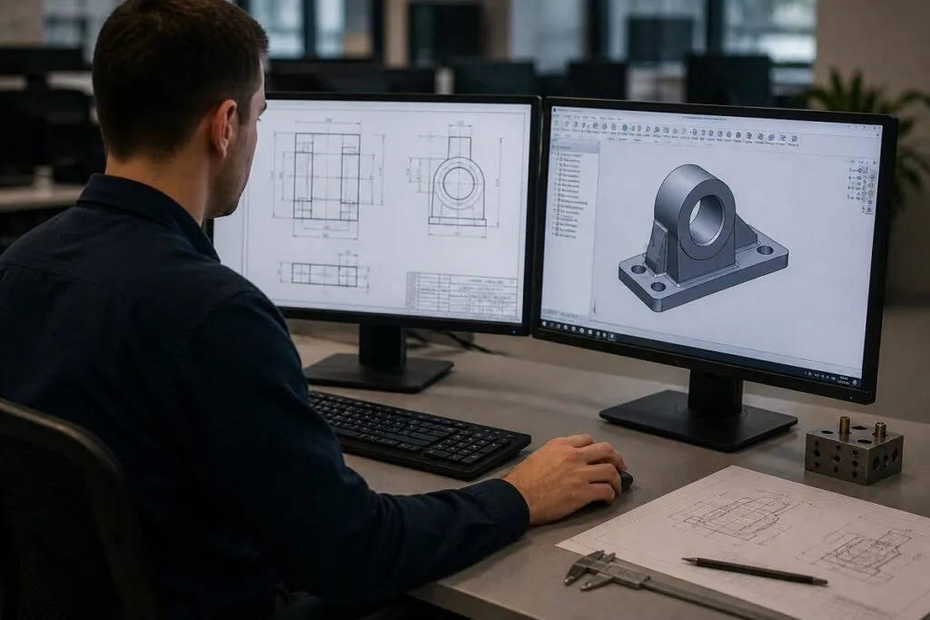 Engineer comparing 2D drafting drawings and 3D CAD model on dual monitors