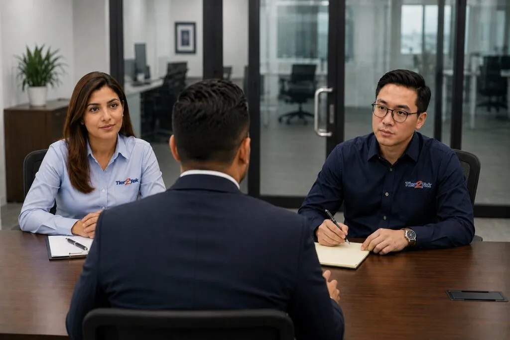 Tier2Tek staffing recruiters screening and interviewing a job candidate for placement opportunities.