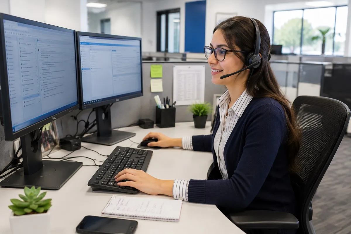 Entry-level IT support specialist using dual monitors and a headset to troubleshoot technical issues and assist end users.