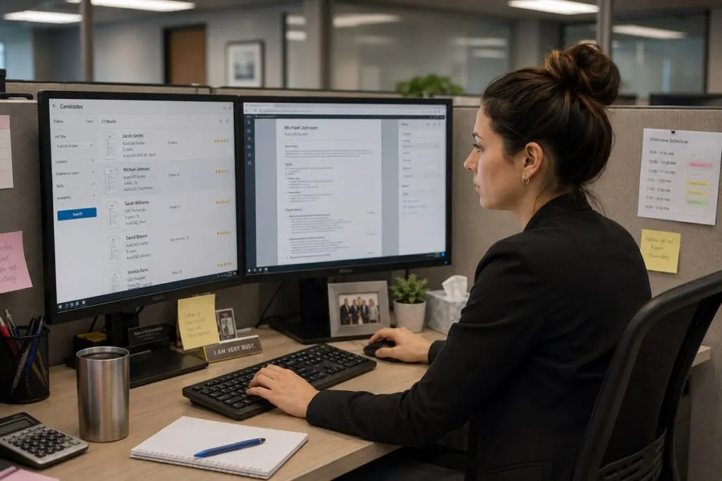 Hiring manager reviewing AutoCAD resumes and candidates during the engineering recruitment process