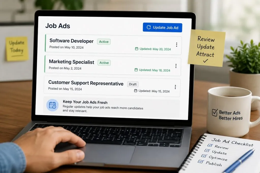 Job ad dashboard showing updated hiring listings and recruitment management workflow