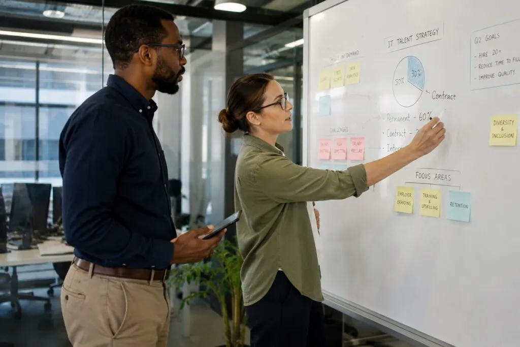 IT professionals reviewing workforce planning data, hiring trends, and talent acquisition priorities to address evolving technology staffing needs.