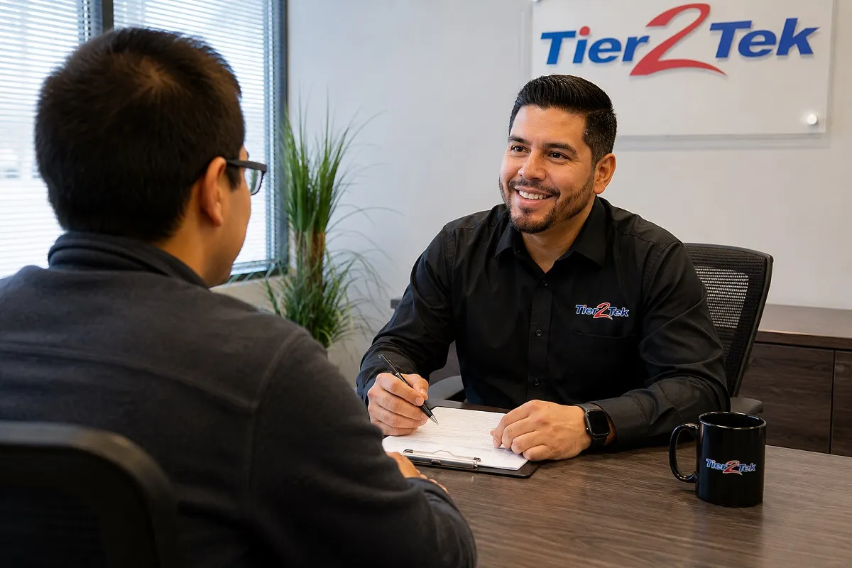 Tier2Tek recruiter interviewing an IT support candidate to evaluate technical skills, customer service experience, and job qualifications..