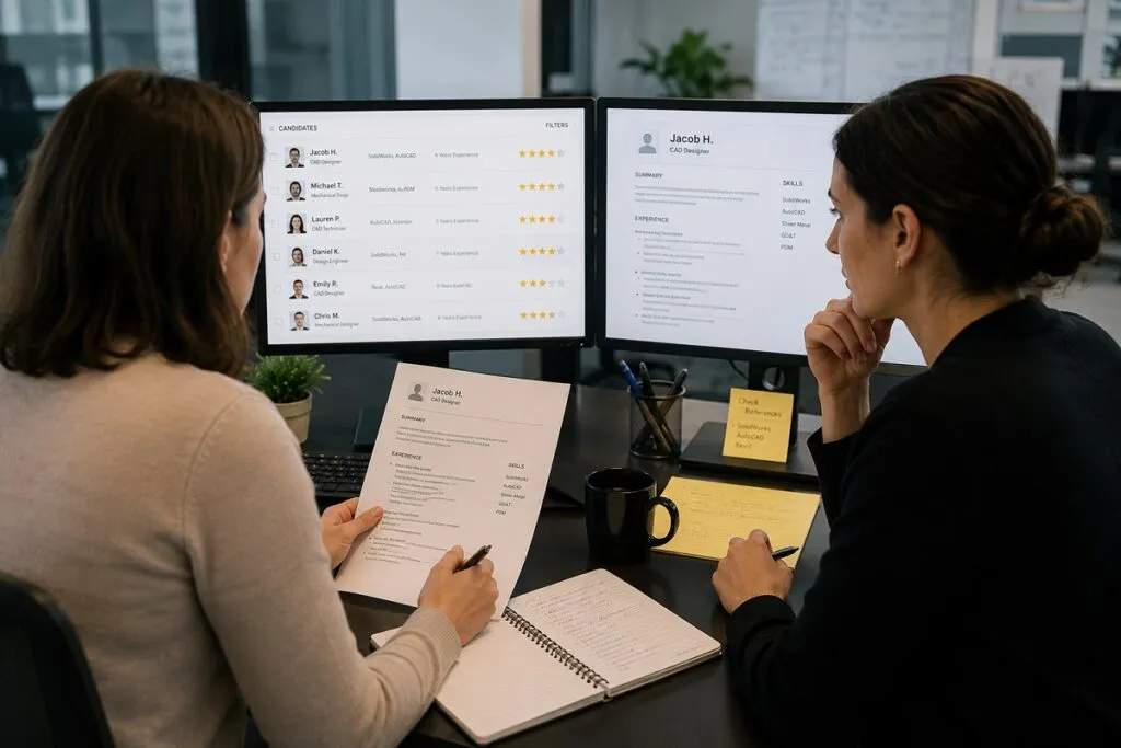 HR hiring managers reviewing CAD resumes and evaluating engineering candidates for technical staffing positions