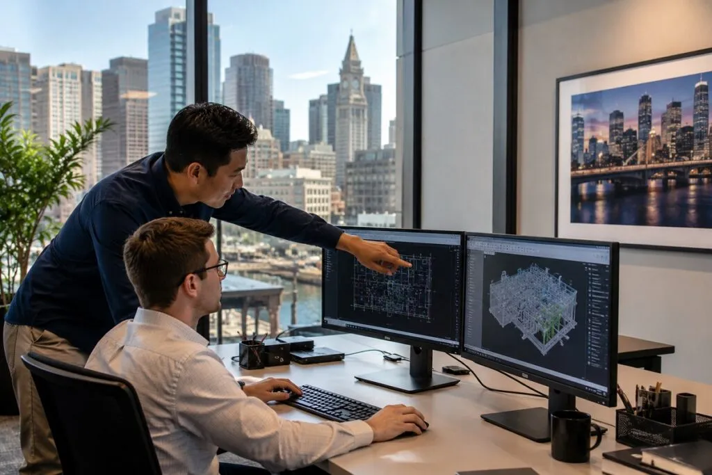 CAD professionals reviewing technical drawings and engineering designs during a collaborative drafting project in Boston