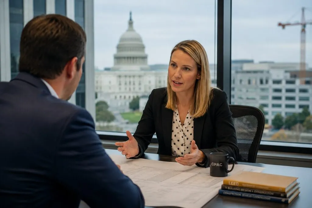 CAD hiring discussion between a staffing professional and a design candidate reviewing qualifications, project experience, and industry-specific requirements in Washington, D.C.
