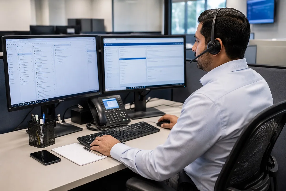 IT support specialist using dual monitors and a headset to troubleshoot technical issues and provide customer support.