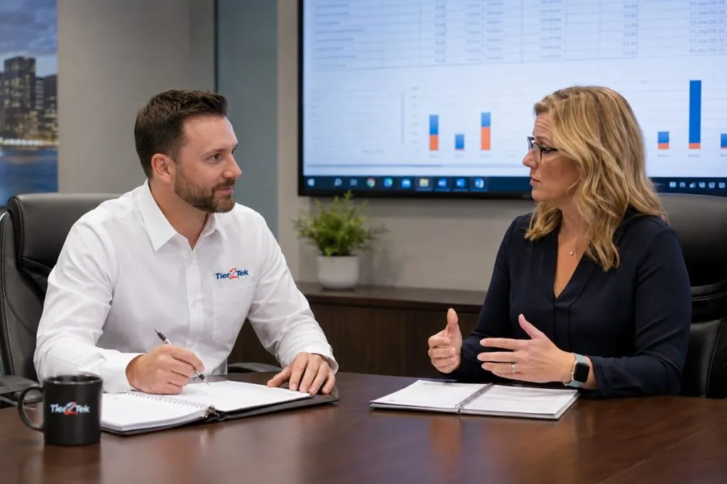 Tier2Tek senior recruiter meeting with a hiring director to discuss staffing and recruitment strategy