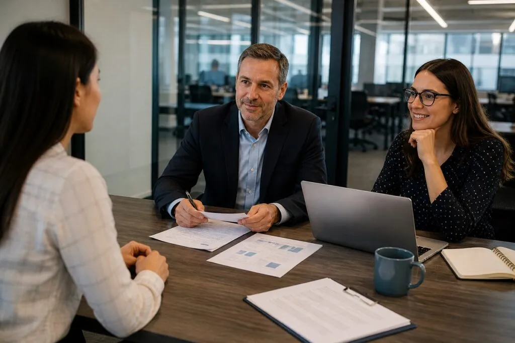 HR team interviewing engineering candidate for CAD and digital design skills