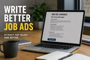 Write Better Job Ads featured image with hiring ad on laptop for HR and recruitment strategy