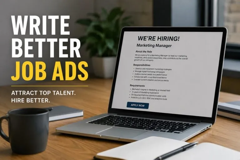Write Better Job Ads featured image with hiring ad on laptop for HR and recruitment strategy