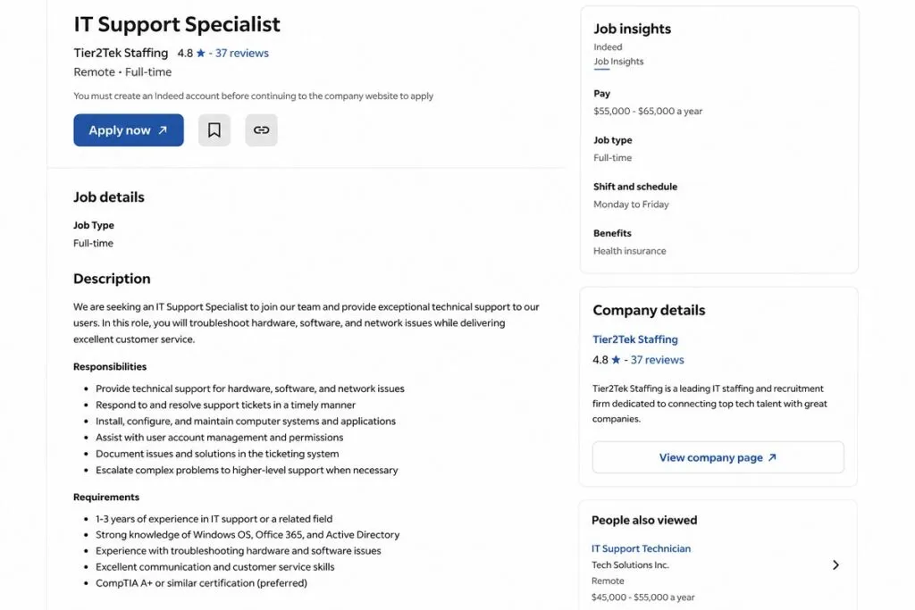 IT support job description with technical skills, responsibilities, and Apply Now hiring section