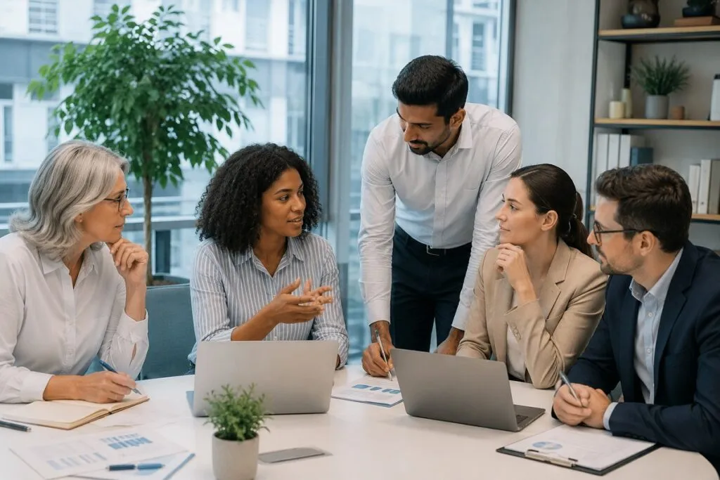 Skilled professionals collaborating to evaluate top talent and support direct hire recruitment decisions