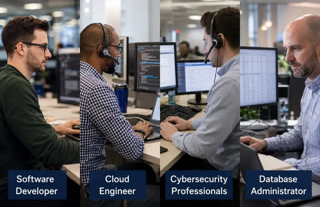 IT professionals including software developers, cloud engineers, cybersecurity specialists, and database administrators delivering technical expertise across multiple technology disciplines.