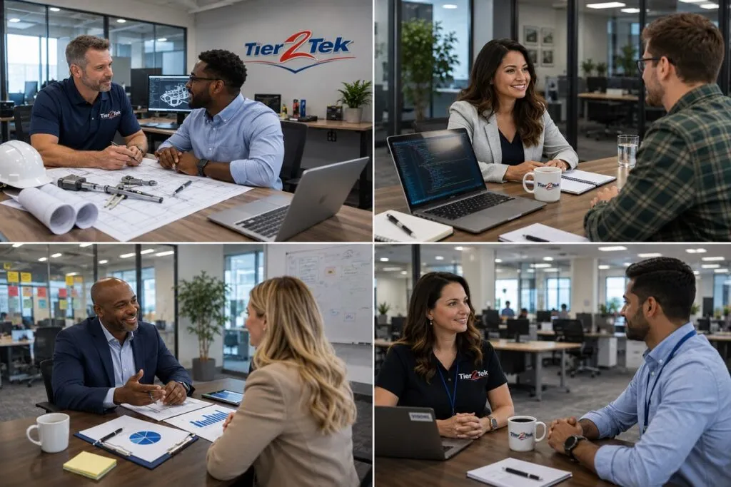Engineering, database administrator, business analyst, and ERP professionals collaborating with Tier2Tek Staffing to deliver direct hire talent solutions.