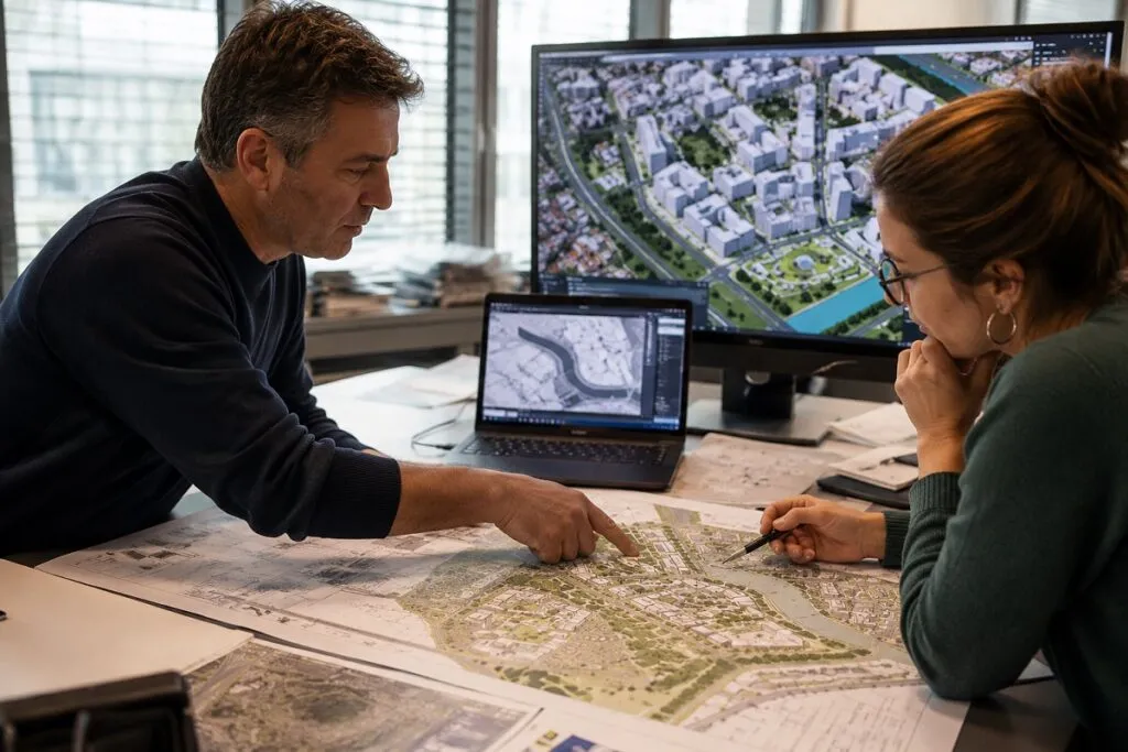 Urban development professionals reviewing GIS maps and project planning data.