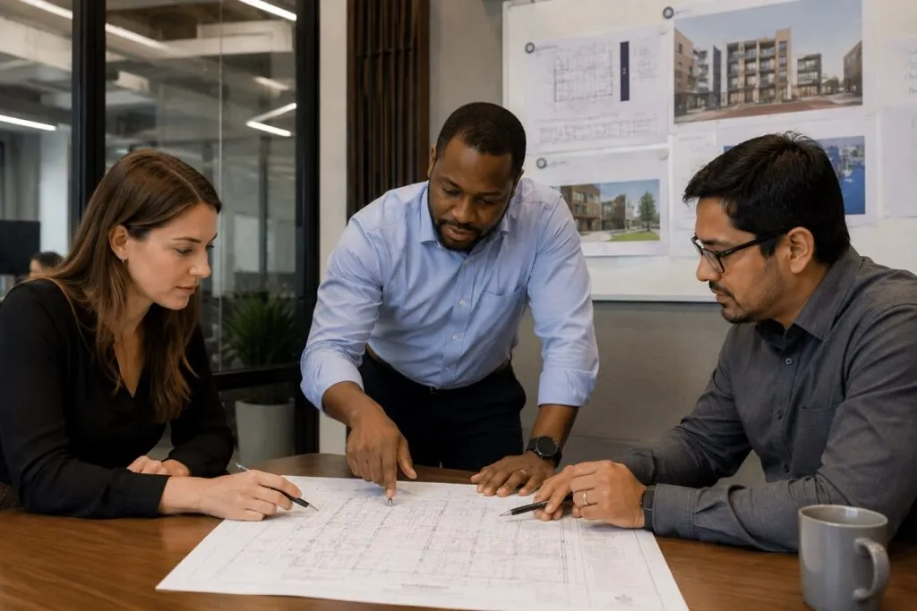 BIM professionals collaborating on project planning, model coordination, and construction documentation across different phases of a building project.