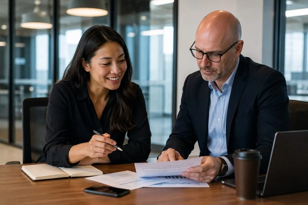 Hiring professionals reviewing recruitment results to maximize return on recruitment investment through direct hire staffing.
