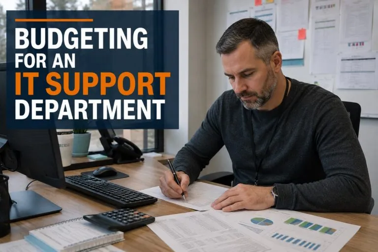 Budget planning for an IT support department with an IT professional reviewing costs, reports, and technology expenses for effective resource management.