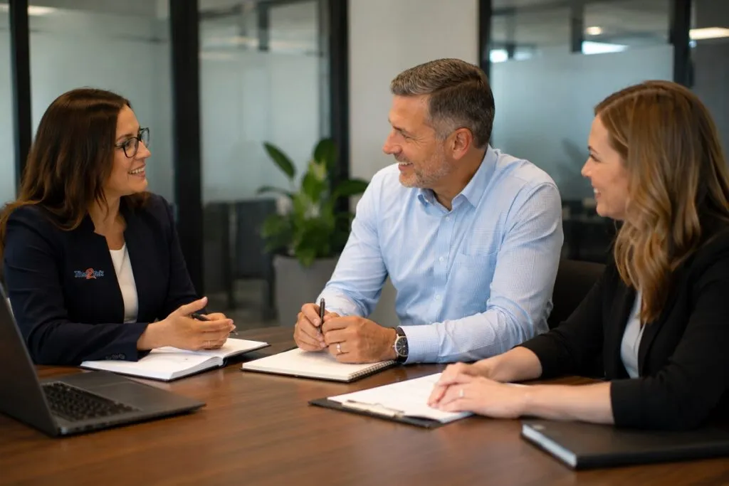 Senior account manager discussing hiring needs with HR leaders during a Tier2Tek Staffing client recruitment meeting.
